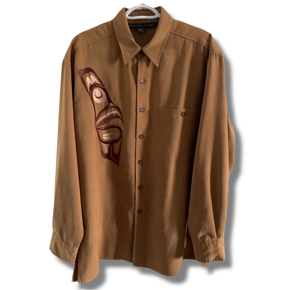RARE Dorothy Grant Haida Indigenous Embroidery Suede-like Button Up LS Shirt LG